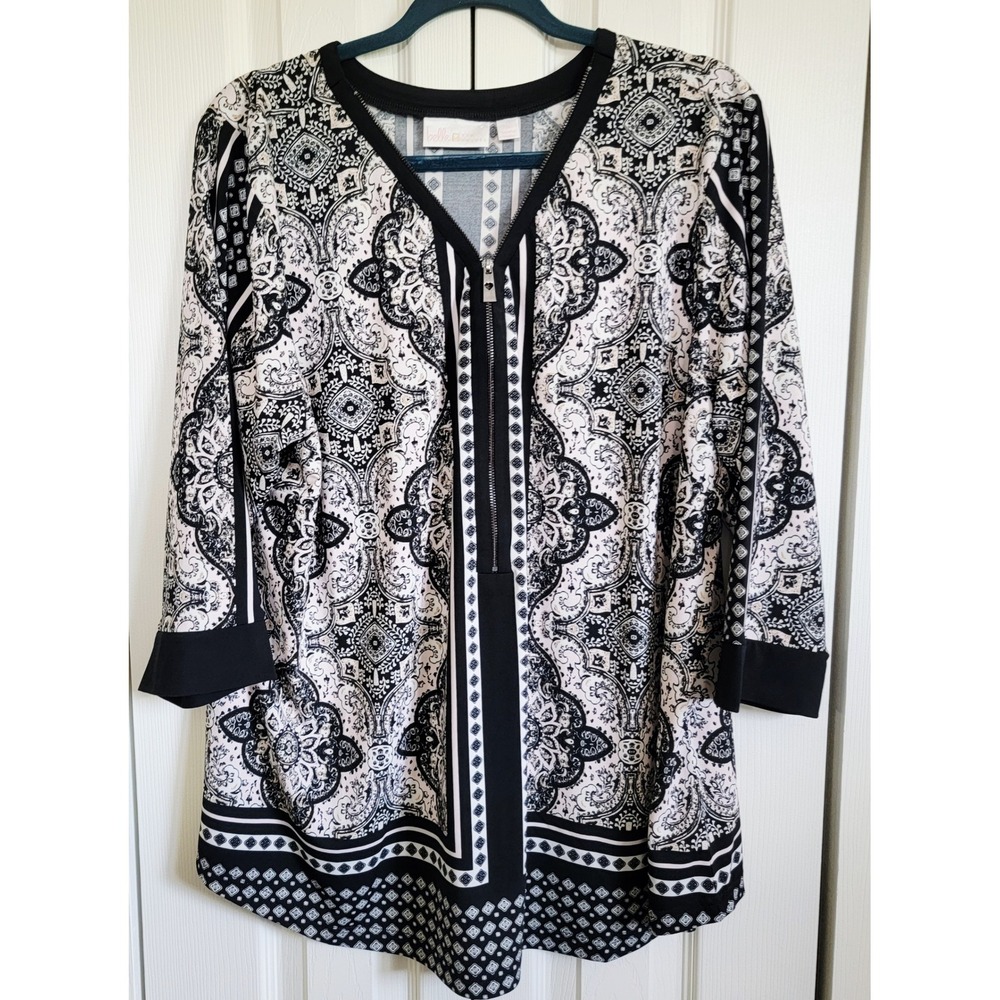 Belle Kim Gravel Tunic Top‎ XL Black White Paisley Print 3/4 Sleeve